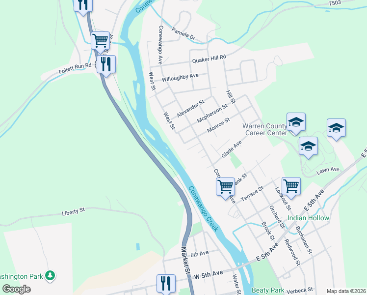 map of restaurants, bars, coffee shops, grocery stores, and more near 1 New St in Warren