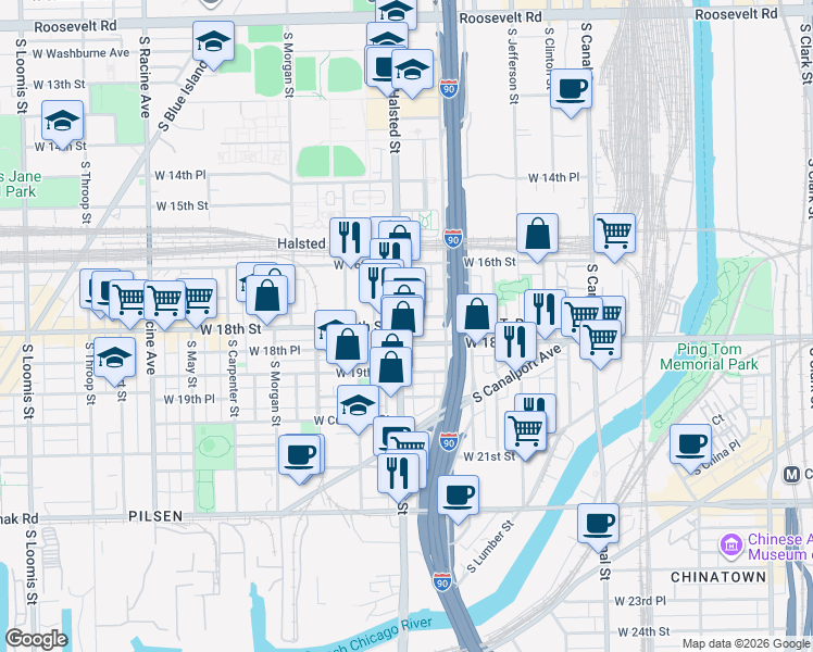 map of restaurants, bars, coffee shops, grocery stores, and more near 1735 South Halsted Street in Chicago