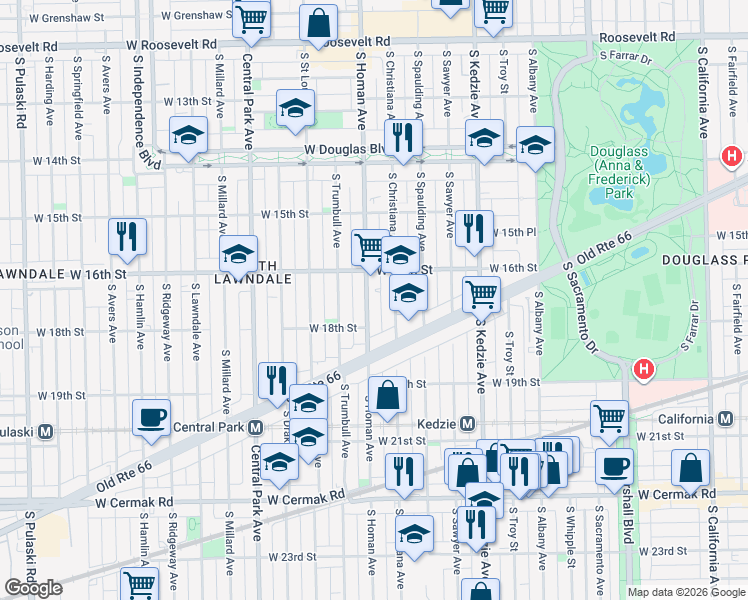 map of restaurants, bars, coffee shops, grocery stores, and more near 1631 South Homan Avenue in Chicago