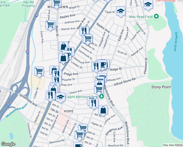 map of restaurants, bars, coffee shops, grocery stores, and more near 176 Lafayette Street in Pawtucket