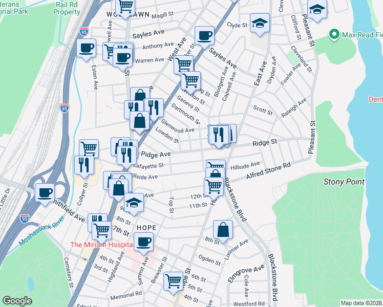 map of restaurants, bars, coffee shops, grocery stores, and more near 176 Lafayette Street in Pawtucket