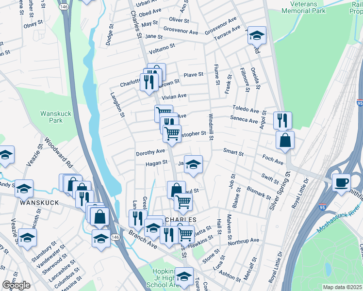 map of restaurants, bars, coffee shops, grocery stores, and more near 769 Charles Street in Providence