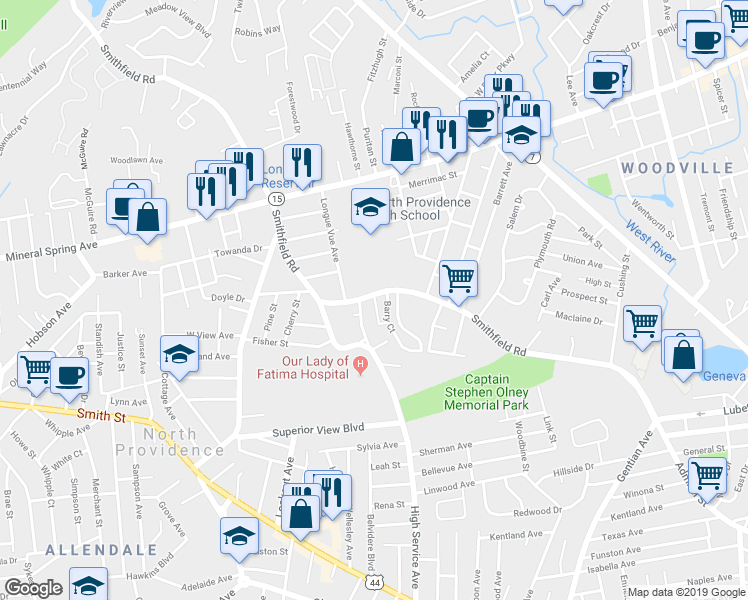 map of restaurants, bars, coffee shops, grocery stores, and more near 300 Smithfield Road in North Providence