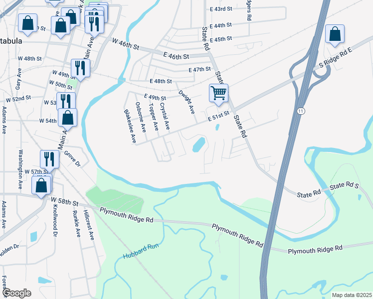 map of restaurants, bars, coffee shops, grocery stores, and more near 5201 Fuller Drive in Ashtabula