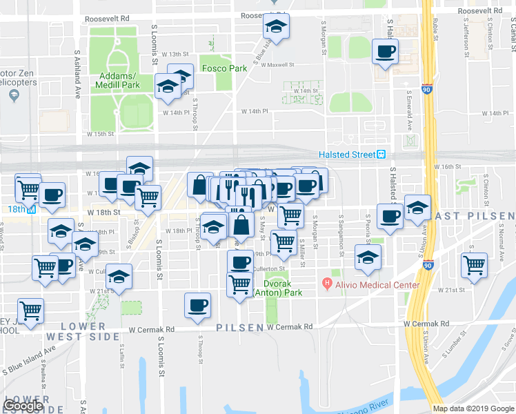 map of restaurants, bars, coffee shops, grocery stores, and more near 1157 West 18th Street in Chicago