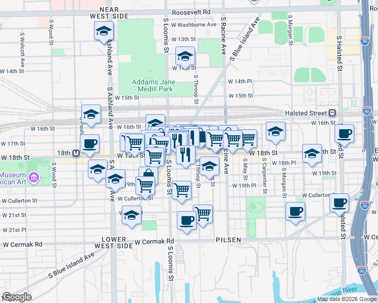 map of restaurants, bars, coffee shops, grocery stores, and more near 1316 West 18th Street in Chicago