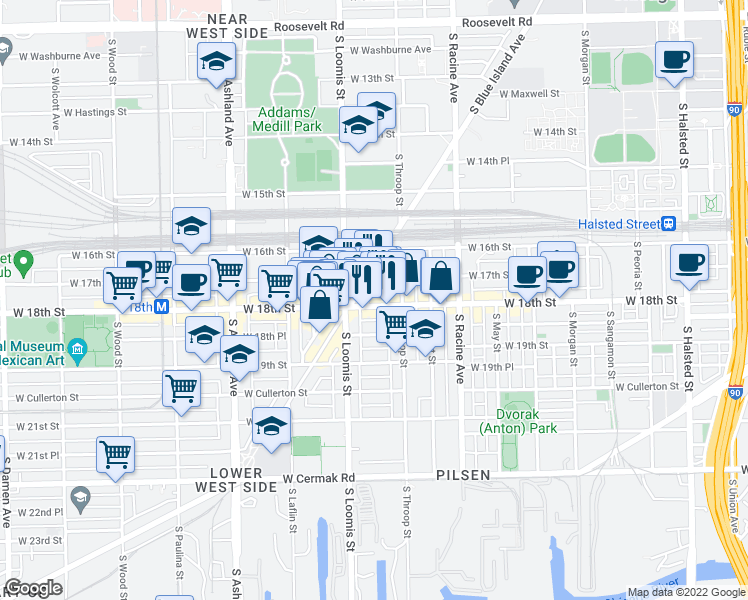 map of restaurants, bars, coffee shops, grocery stores, and more near 1327 West 18th Street in Chicago