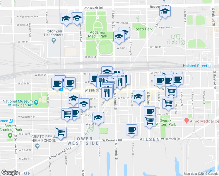 map of restaurants, bars, coffee shops, grocery stores, and more near in Chicago