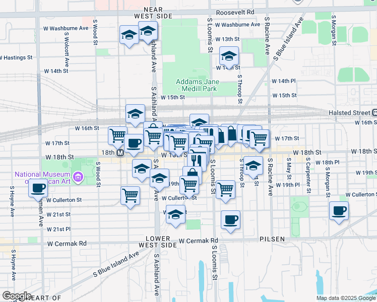 map of restaurants, bars, coffee shops, grocery stores, and more near 1443 West 18th Street in Chicago