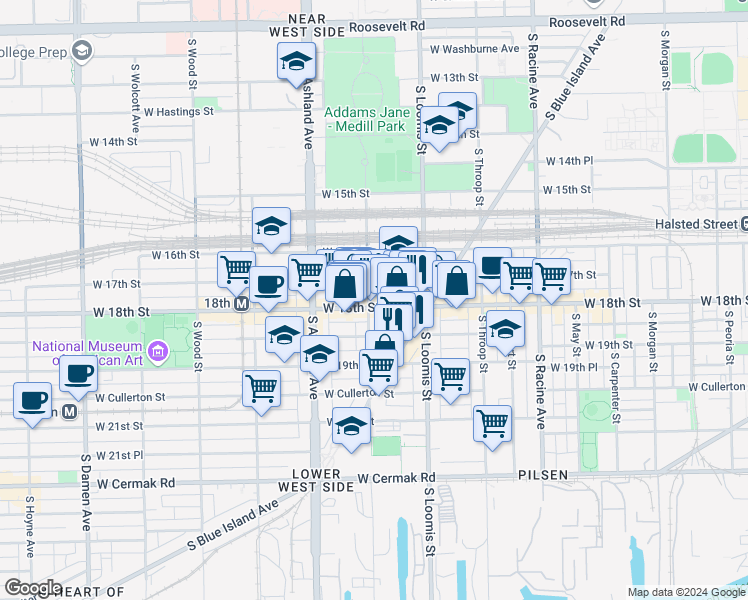 map of restaurants, bars, coffee shops, grocery stores, and more near 1443 West 18th Street in Chicago