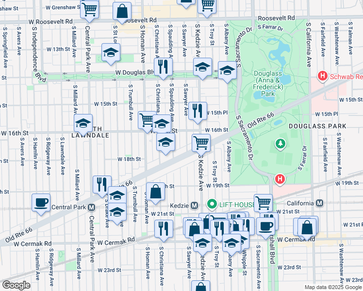 map of restaurants, bars, coffee shops, grocery stores, and more near 3221 West Ogden Avenue in Chicago