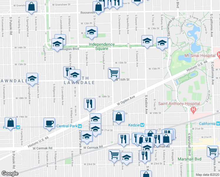 map of restaurants, bars, coffee shops, grocery stores, and more near 1651 South Trumbull Avenue in Chicago