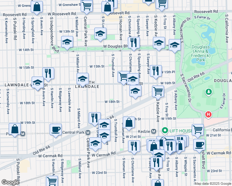map of restaurants, bars, coffee shops, grocery stores, and more near 1651 South Trumbull Avenue in Chicago