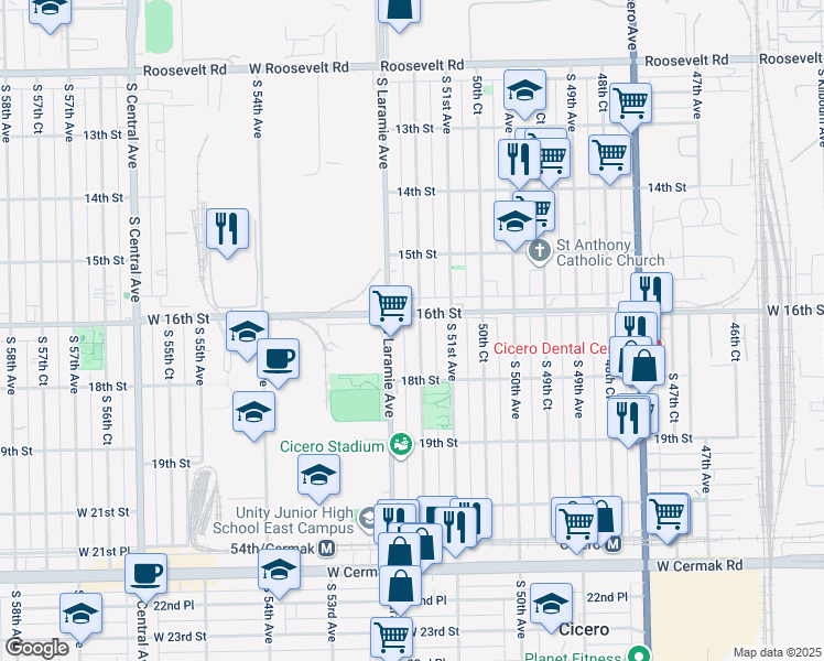 map of restaurants, bars, coffee shops, grocery stores, and more near 1625 South 51st Court in Cicero
