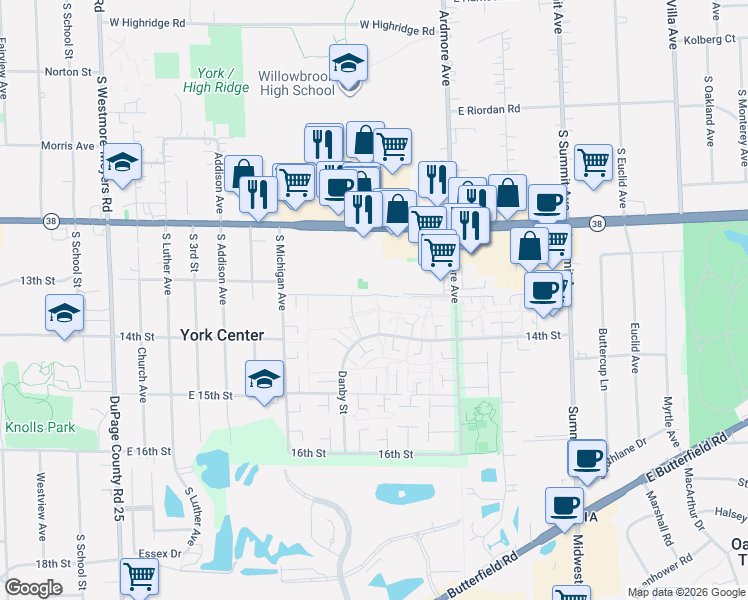 map of restaurants, bars, coffee shops, grocery stores, and more near 18W121 Kirkland Lane in Villa Park