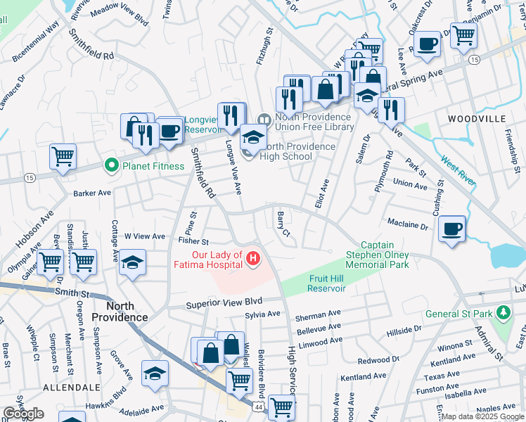 map of restaurants, bars, coffee shops, grocery stores, and more near 300 Smithfield Road in North Providence