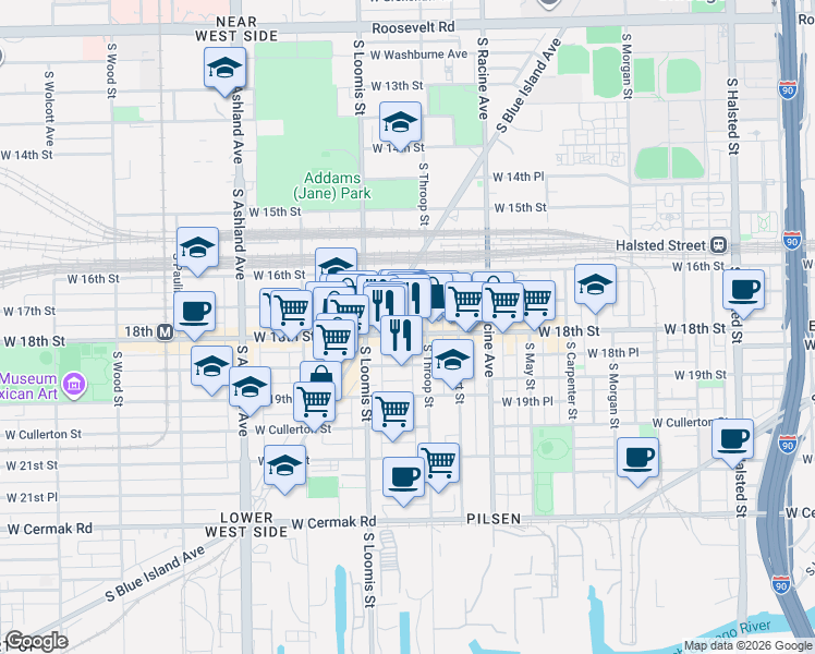map of restaurants, bars, coffee shops, grocery stores, and more near 1327 West 18th Street in Chicago