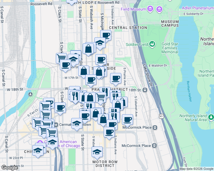 map of restaurants, bars, coffee shops, grocery stores, and more near 1737 South Michigan Avenue in Chicago
