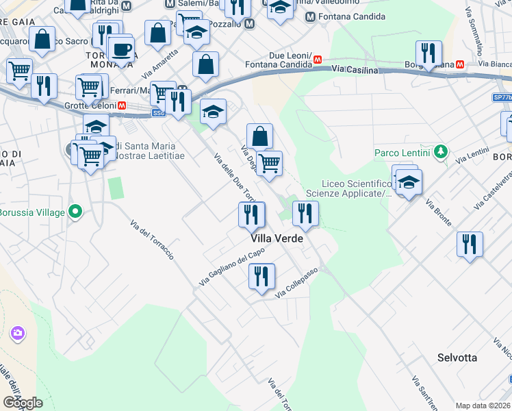 map of restaurants, bars, coffee shops, grocery stores, and more near 17 Via Roccaforzata in Roma