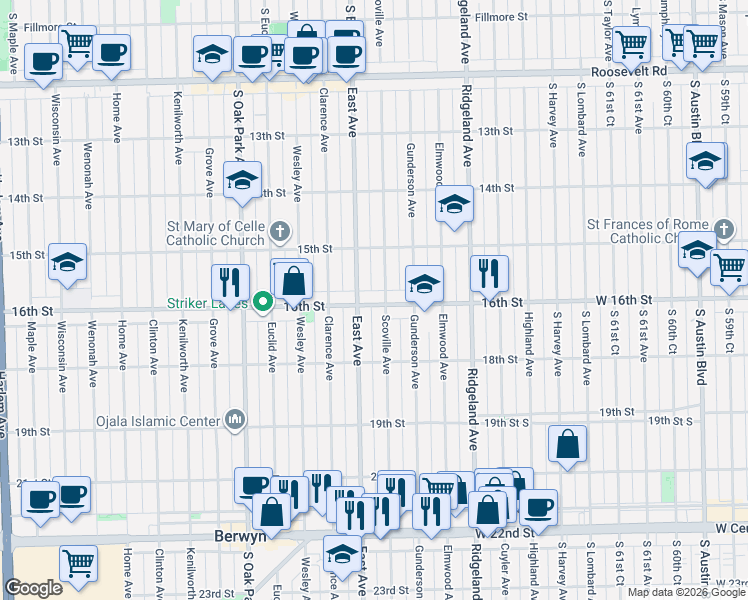 map of restaurants, bars, coffee shops, grocery stores, and more near 1612 Scoville Avenue in Berwyn