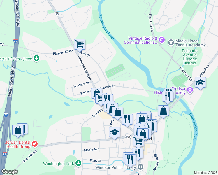 map of restaurants, bars, coffee shops, grocery stores, and more near 40 Pleasant Street in Windsor