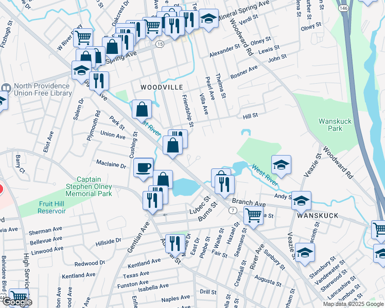 map of restaurants, bars, coffee shops, grocery stores, and more near 1155 Douglas Avenue in North Providence