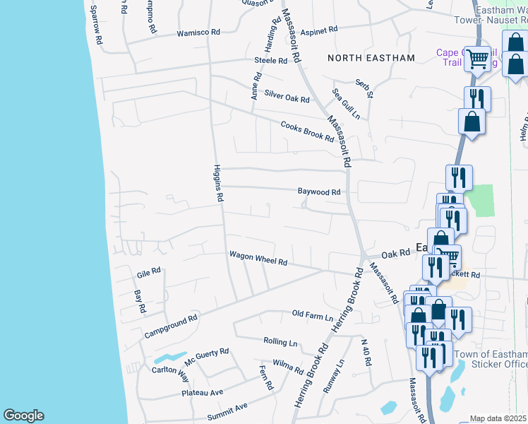 map of restaurants, bars, coffee shops, grocery stores, and more near 50 Mayflower Road in Eastham