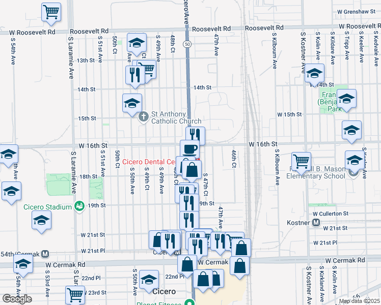 map of restaurants, bars, coffee shops, grocery stores, and more near 1627 South Cicero Avenue in Cicero
