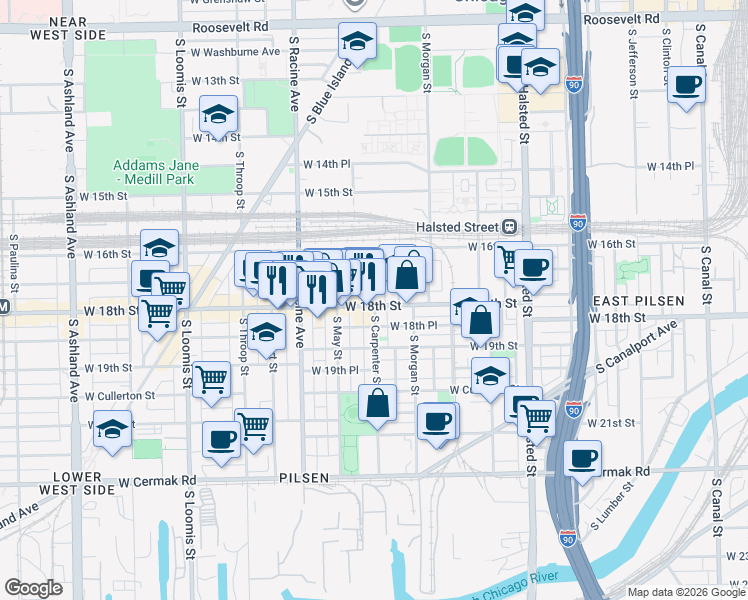 map of restaurants, bars, coffee shops, grocery stores, and more near 1020 West 18th Place in Chicago