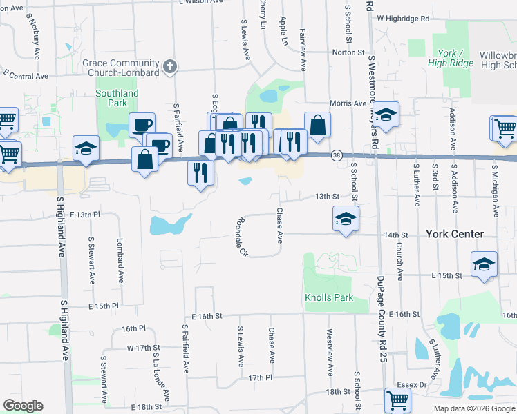 map of restaurants, bars, coffee shops, grocery stores, and more near 679 Rochdale Circle in Lombard