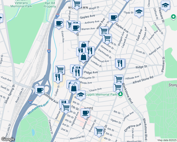 map of restaurants, bars, coffee shops, grocery stores, and more near 259 Lafayette Street in Pawtucket