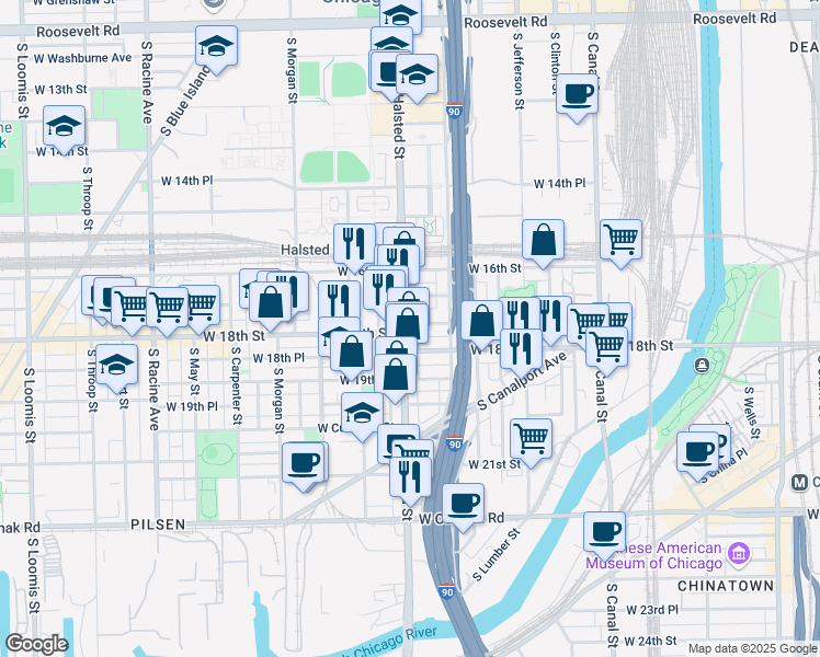 map of restaurants, bars, coffee shops, grocery stores, and more near 1817 South Halsted Street in Chicago