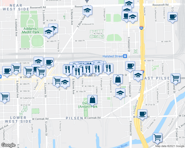 map of restaurants, bars, coffee shops, grocery stores, and more near 1020 West 18th Place in Chicago