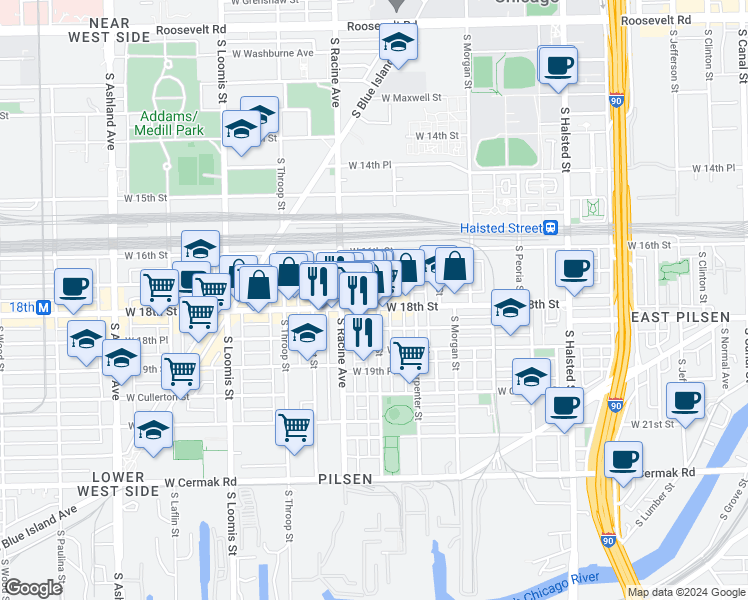map of restaurants, bars, coffee shops, grocery stores, and more near 1157 West 18th Street in Chicago