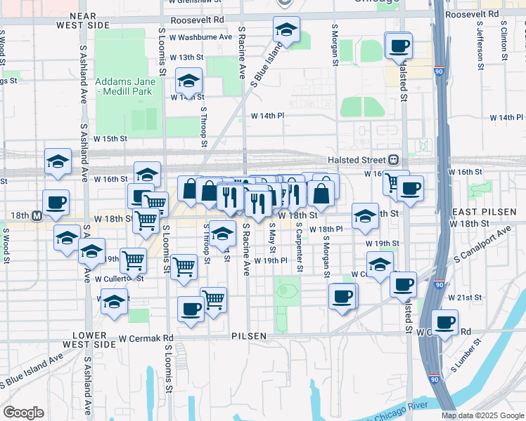 map of restaurants, bars, coffee shops, grocery stores, and more near 1157 West 18th Street in Chicago