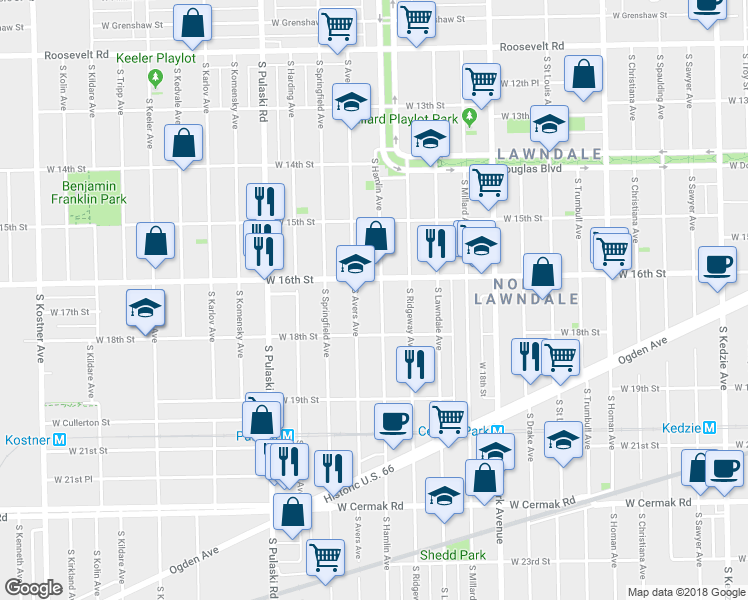 map of restaurants, bars, coffee shops, grocery stores, and more near 1650 South Hamlin Avenue in Chicago