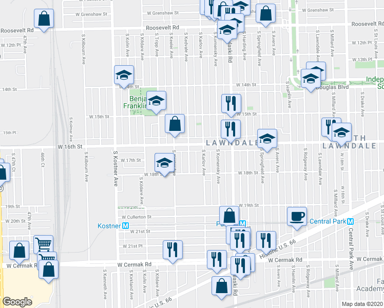 map of restaurants, bars, coffee shops, grocery stores, and more near 1644 South Kedvale Avenue in Chicago