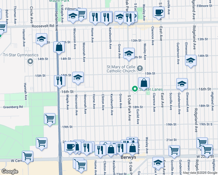 map of restaurants, bars, coffee shops, grocery stores, and more near 6906 16th Street in Berwyn