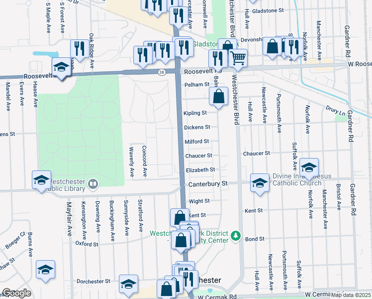 map of restaurants, bars, coffee shops, grocery stores, and more near 10351 Chaucer Street in Westchester