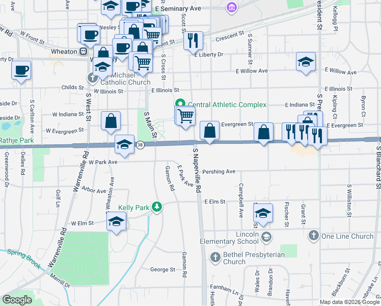 map of restaurants, bars, coffee shops, grocery stores, and more near 732 South Naperville Road in Wheaton