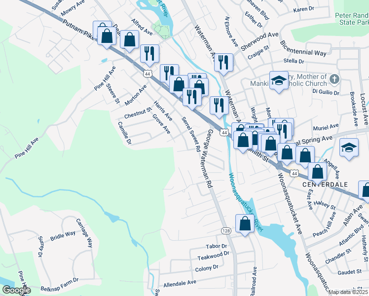 map of restaurants, bars, coffee shops, grocery stores, and more near 22 Wychwood Place in Johnston