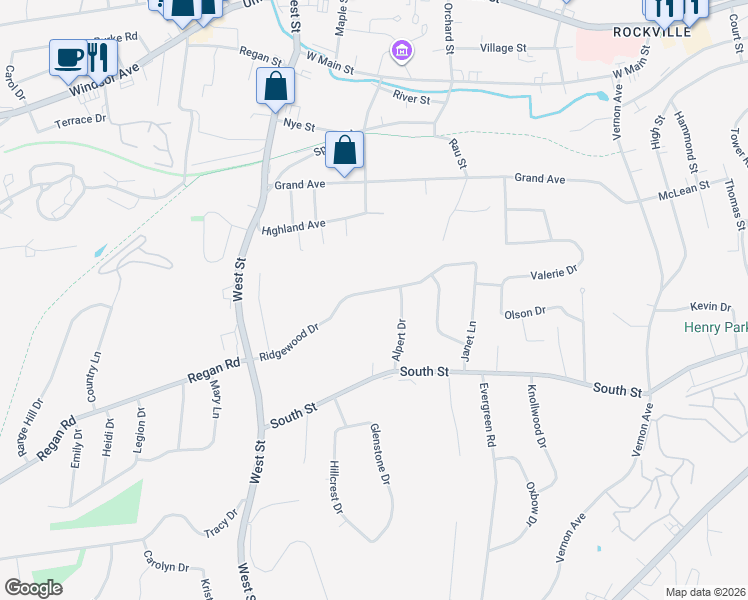 map of restaurants, bars, coffee shops, grocery stores, and more near 33 Ridgewood Drive in Vernon