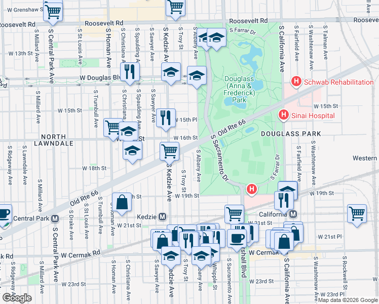 map of restaurants, bars, coffee shops, grocery stores, and more near 1656 South Albany Avenue in Chicago