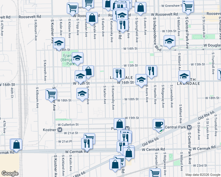 map of restaurants, bars, coffee shops, grocery stores, and more near 1647 South Komensky Avenue in Chicago