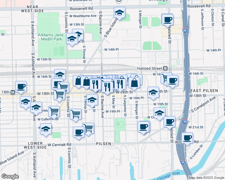 map of restaurants, bars, coffee shops, grocery stores, and more near 1157 West 18th Street in Chicago