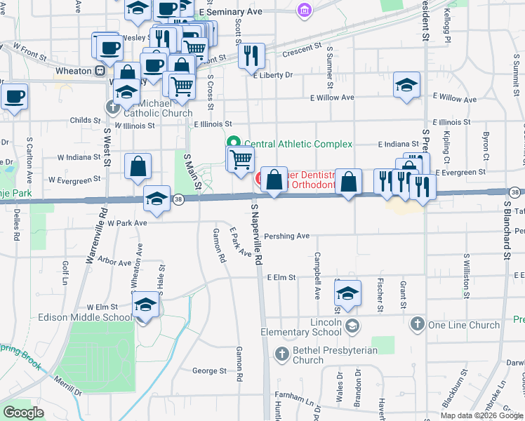 map of restaurants, bars, coffee shops, grocery stores, and more near 732 South Naperville Road in Wheaton