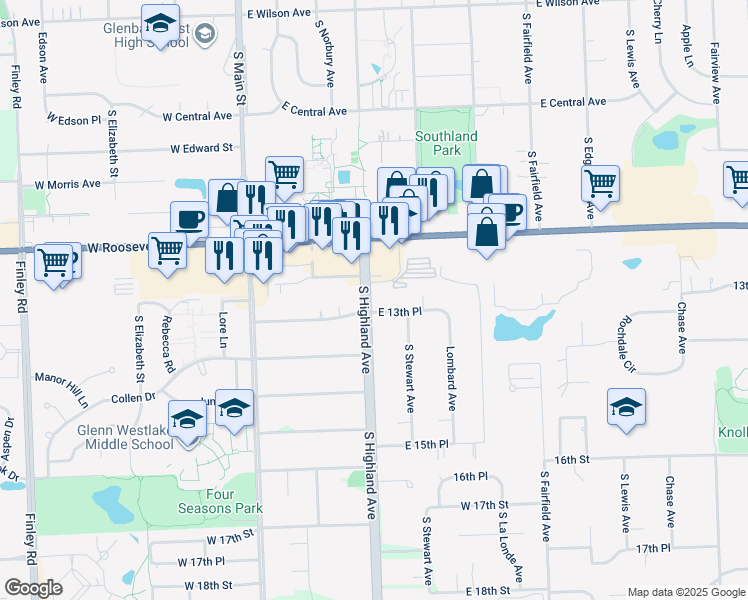map of restaurants, bars, coffee shops, grocery stores, and more near 1350 South Highland Avenue in Lombard
