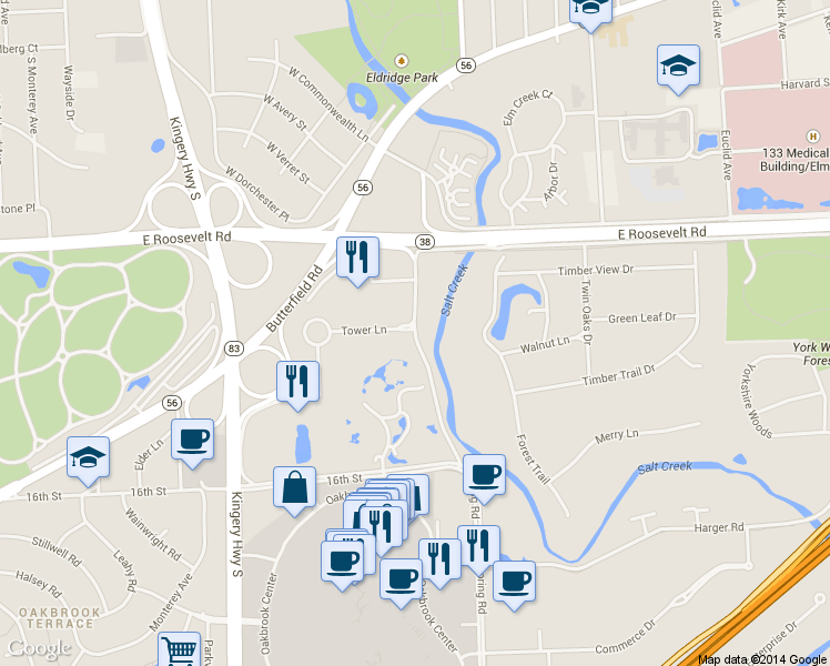 map of restaurants, bars, coffee shops, grocery stores, and more near 141 Spring Rd in Oakbrook Terrace
