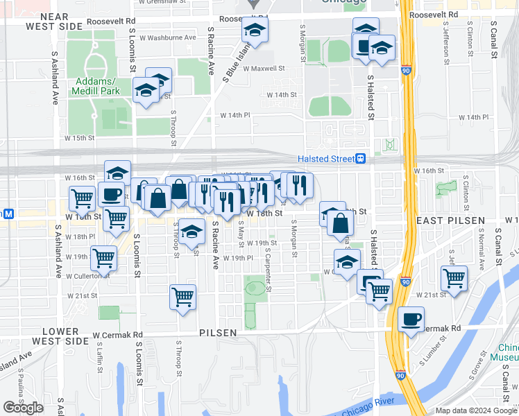 map of restaurants, bars, coffee shops, grocery stores, and more near 1114 West 17th Street in Chicago