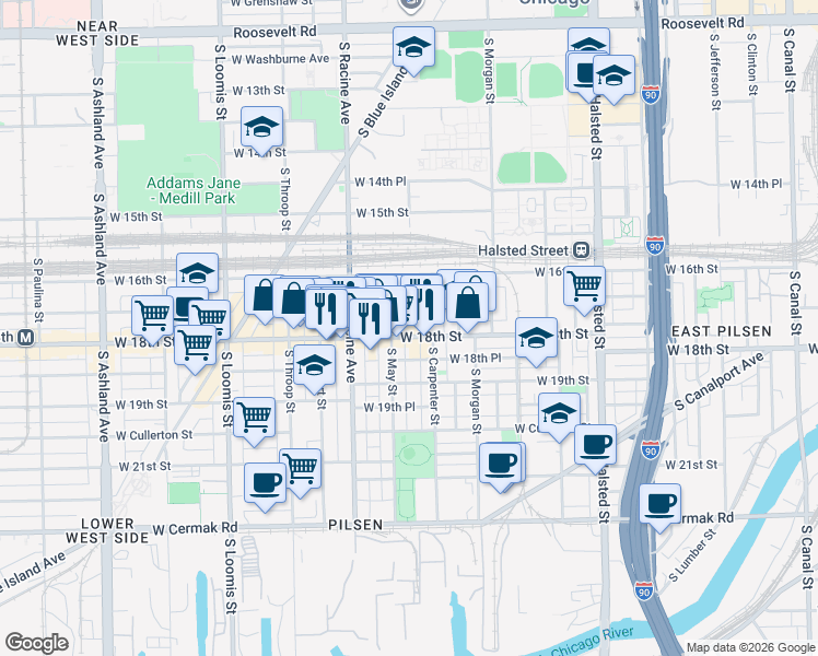map of restaurants, bars, coffee shops, grocery stores, and more near 1114 West 17th Street in Chicago